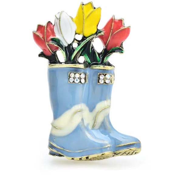 Blue Garden Boot with Tulips Brooch – Whimsical Floral Pin - Picture 9 of 10